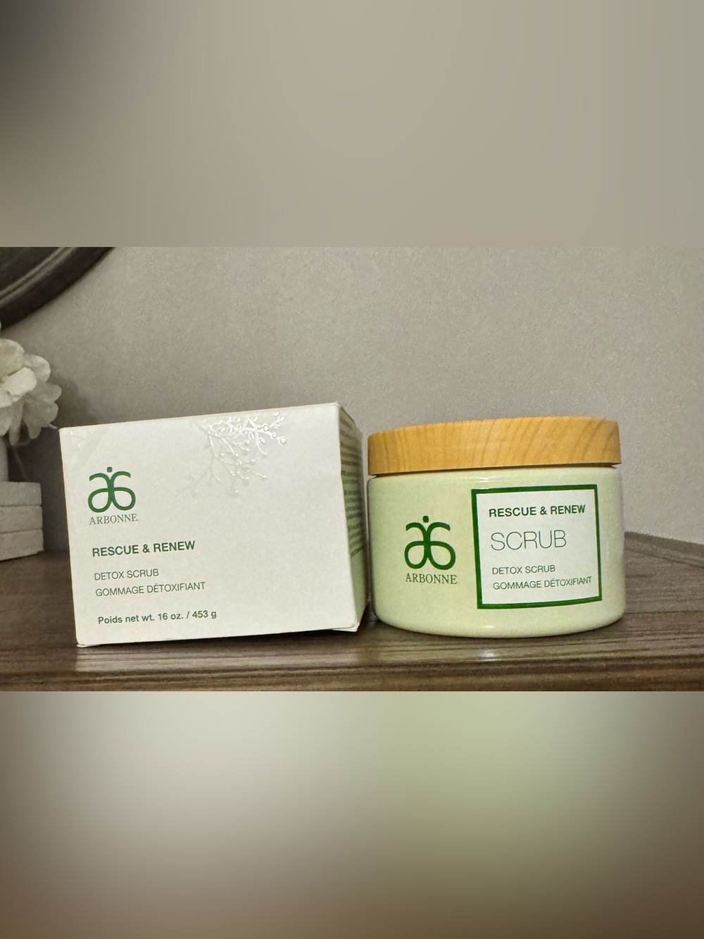 Arbonne Detoxifying Scrub Jar in Pale Green with Wood Lid